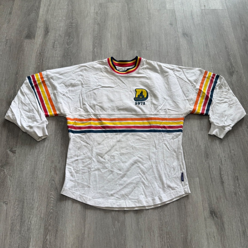 Walt Disney World Spirit Jersey White Rainbow Stripe Retro 1971 Long Sleeve XS